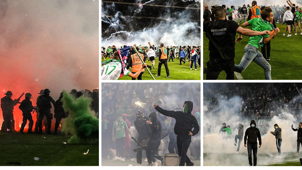 Saint Etienne fan cause chaos on pitch after their team's relegation to League 2