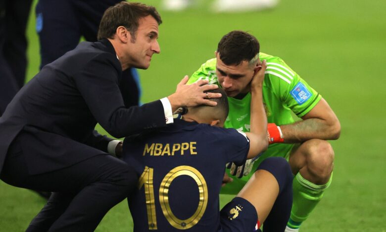 French President Macron Consoles Kylian Mbappe After World Cup Defeat from Argentina