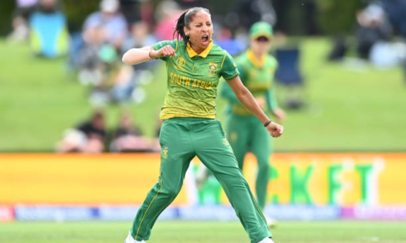 Shabnim Ismail of South Africa celebrates after dismissing Natalie Sciver of England during the 2022 ICC Women's Cricket World Cup Semi Final match. (Getty Images)